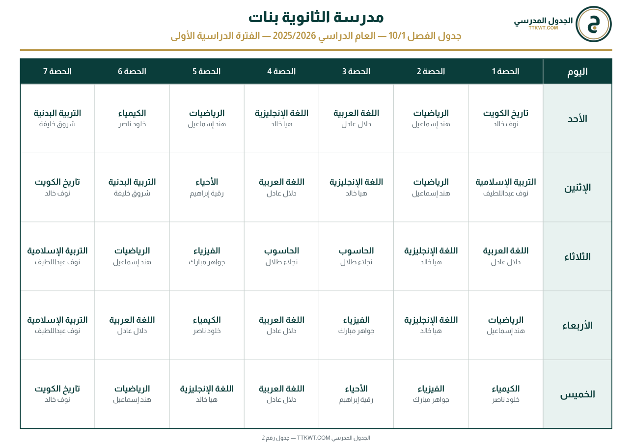 جدول فصل PDF